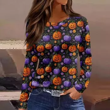 Женская модная повседневная блузка с длинным рукавом и круглым вырезом, пуловер с принтом M