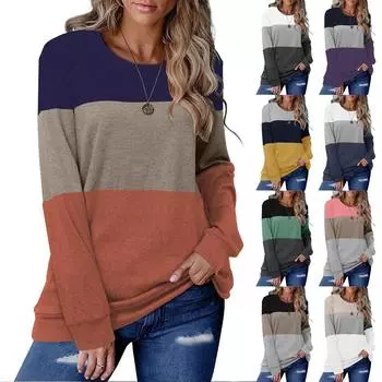 Женская модная повседневная блузка с длинным рукавом и круглым вырезом, цветной пуловер, топ, блузка L синий