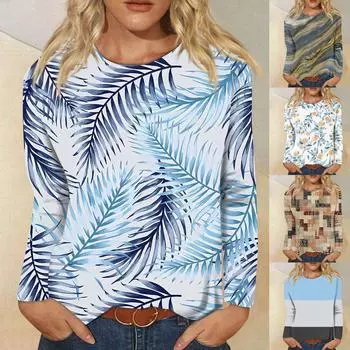 Женская модная повседневная блузка с длинным рукавом и круглым вырезом, пуловер с принтом