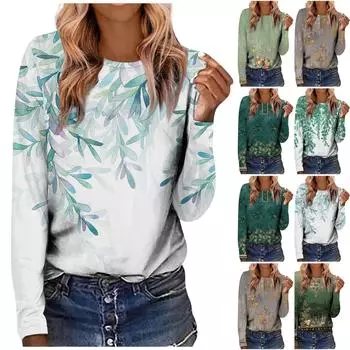 Женская модная повседневная блузка с длинным рукавом и круглым вырезом, пуловер с принтом