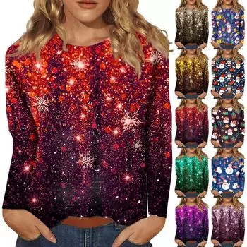 Женская модная повседневная блузка с длинным рукавом и рождественским принтом, пуловер с круглым вырезом XXL