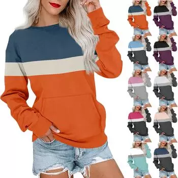 Женская модная повседневная блузка с длинным рукавом и круглым вырезом, цветной пуловер, топ, блузка M синий