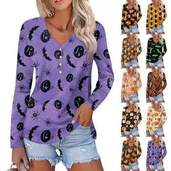 Женская модная повседневная блузка с длинными рукавами и принтом в стиле Хэллоуин с V-образным вырезом на пуговицах L бежевый