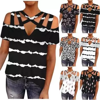 Женская модная повседневная блузка с коротким рукавом и v-образным вырезом с открытыми плечами и принтом L чёрный