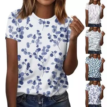 Женская модная повседневная блузка с коротким рукавом и цветочным принтом, пуловер с круглым вырезом L