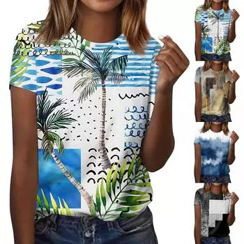 Женская модная повседневная блузка с коротким рукавом и цветочным принтом, пуловер с круглым вырезом L бежевый