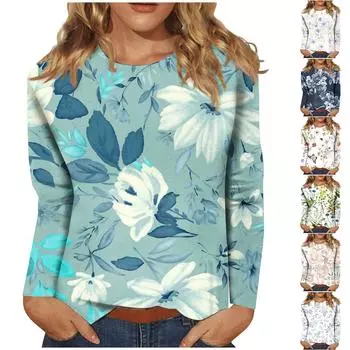 Женская модная повседневная блузка с круглым вырезом и длинными рукавами с принтом L синий