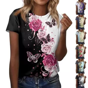 Женская модная повседневная блузка с круглым вырезом и короткими рукавами с цветочным принтом L бежевый