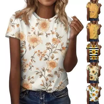 Женская модная повседневная блузка с круглым вырезом и короткими рукавами с цветочным принтом L