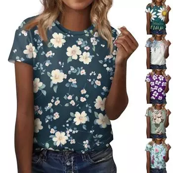 Женская модная повседневная блузка с круглым вырезом и короткими рукавами с цветочным принтом L