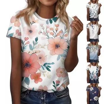 Женская модная повседневная блузка с круглым вырезом и короткими рукавами с цветочным принтом L