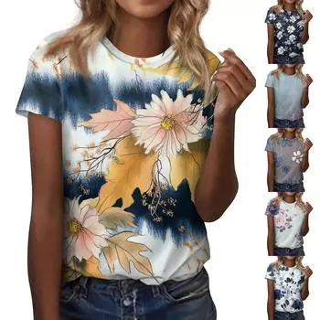 Женская модная повседневная блузка с круглым вырезом и короткими рукавами с цветочным принтом L