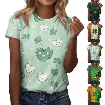 Женская модная повседневная блузка с круглым вырезом и короткими рукавами с цветочным принтом M зелёный