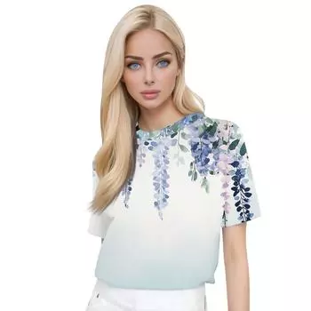 Женская модная повседневная блузка с круглым вырезом и короткими рукавами с цветочным принтом S чёрный