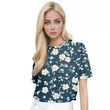 Женская модная повседневная блузка с круглым вырезом и короткими рукавами с цветочным принтом S циан