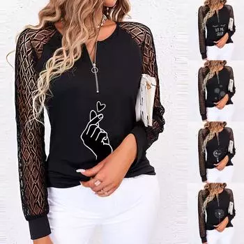Женская модная повседневная блузка с кружевным топом и длинными рукавами с горячим ромбовидным принтом L чёрный
