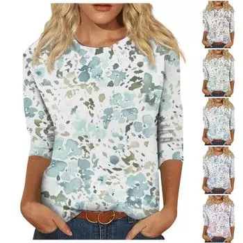 Женская модная повседневная блузка с рукавами три четверти и круглым вырезом, пуловер L синий