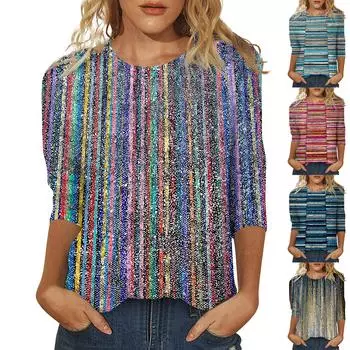 Женская модная повседневная блузка с рукавами три четверти и круглым вырезом, пуловер L синий