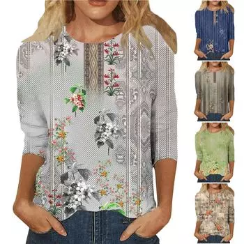 Женская модная повседневная блузка с рукавом три четверти и винтажным принтом, пуловер с круглым вырезом