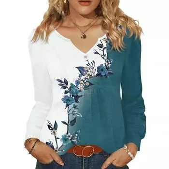 Женская модная повседневная блузка с V-образным вырезом на пуговицах, с длинным рукавом, пуловер, футболка, топ M синий