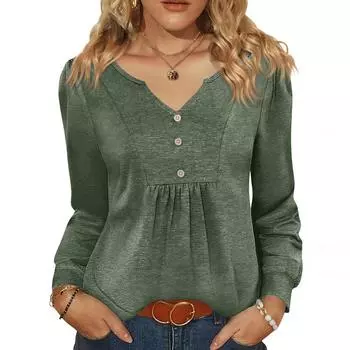 Женская модная повседневная блузка с V-образным вырезом на пуговицах, с длинным рукавом, пуловер, футболка, топ L