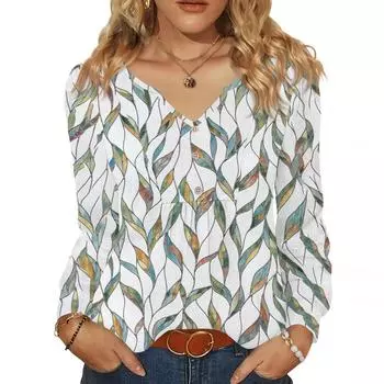 Женская модная повседневная блузка с V-образным вырезом на пуговицах, с длинным рукавом, пуловер, футболка, топ S