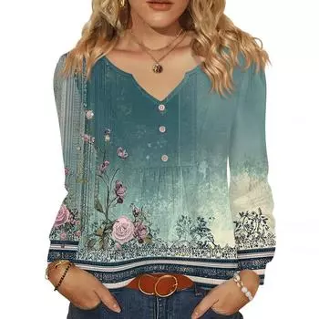 Женская модная повседневная блузка с V-образным вырезом на пуговицах, с длинным рукавом, пуловер, футболка, топ XXL синий