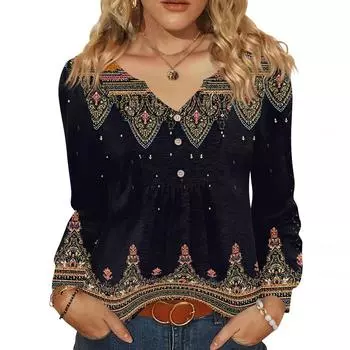 Женская модная повседневная блузка с V-образным вырезом на пуговицах, с длинным рукавом, пуловер, футболка, топ L чёрный