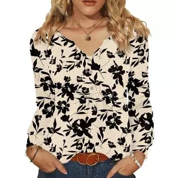 Женская модная повседневная блузка с V-образным вырезом на пуговицах, с длинным рукавом, пуловер, футболка, топ L бежевый