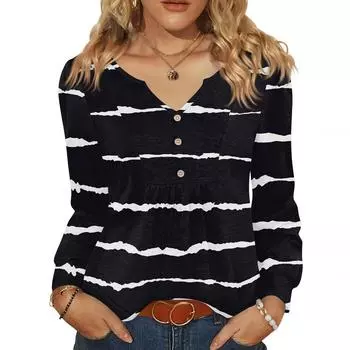 Женская модная повседневная блузка с V-образным вырезом на пуговицах, с длинным рукавом, пуловер, футболка, топ L чёрный