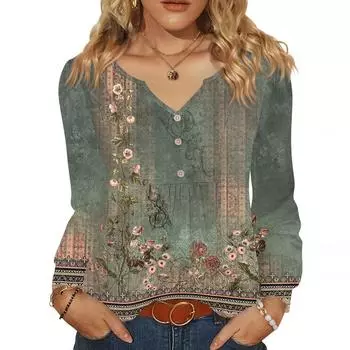 Женская модная повседневная блузка с V-образным вырезом на пуговицах, с длинным рукавом, пуловер, футболка, топ L армия зеленый