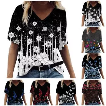 Женская модная повседневная блузка с v-образным вырезом и коротким рукавом с принтом L чёрный