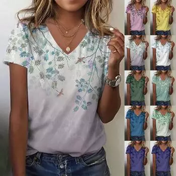 Женская модная повседневная блузка с v-образным вырезом и коротким рукавом с принтом L синий