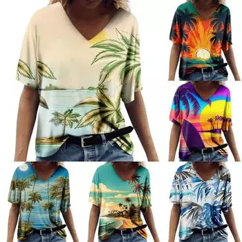 Женская модная повседневная блузка с V-образным вырезом и коротким рукавом с принтом XXXL синий