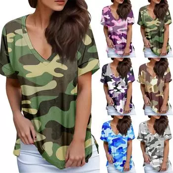 Женская модная повседневная блузка с v-образным вырезом и коротким рукавом с принтом S синий