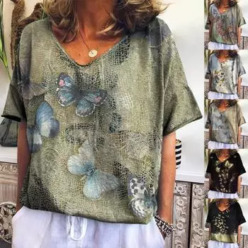 Женская модная повседневная блузка с v-образным вырезом и коротким рукавом с принтом L чёрный