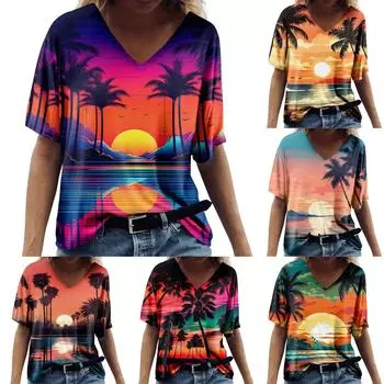 Женская модная повседневная блузка с V-образным вырезом и коротким рукавом с принтом XXL красный