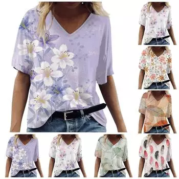 Женская модная повседневная блузка с v-образным вырезом и коротким рукавом с принтом L