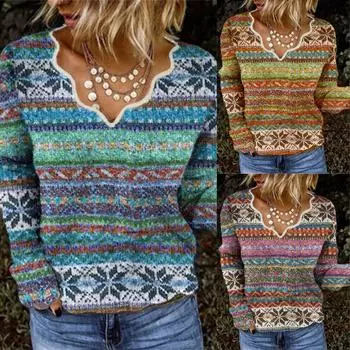 Женская модная повседневная блузка с v-образным вырезом и длинным рукавом, многоцветный вязаный топ (без позиционирования печати) M синий
