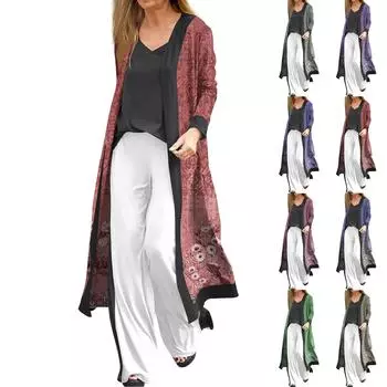 Женская модная повседневная длинная куртка с длинным рукавом в стиле ретро и принтом, кардиган, пальто S красный