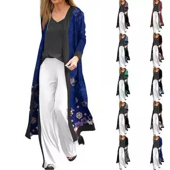 Женская модная повседневная длинная куртка с длинным рукавом и принтом, кардиган, пальто M зелёный