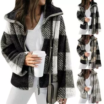 Женская модная повседневная двусторонняя плюшевая клетчатая куртка L бежевый