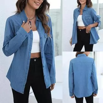 Женская модная повседневная джинсовая куртка на пуговицах с длинными рукавами и лацканами 2022, пальто L синий