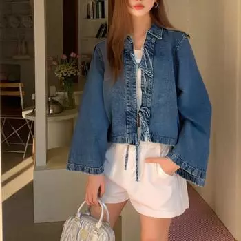 Женская модная повседневная джинсовая куртка на шнуровке, однотонная куртка с длинным рукавом и лацканами S синий