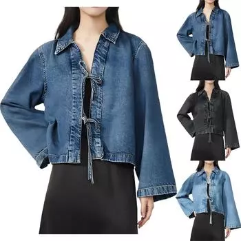 Женская модная повседневная джинсовая куртка на шнуровке, однотонная куртка с длинным рукавом и лацканами L чёрный