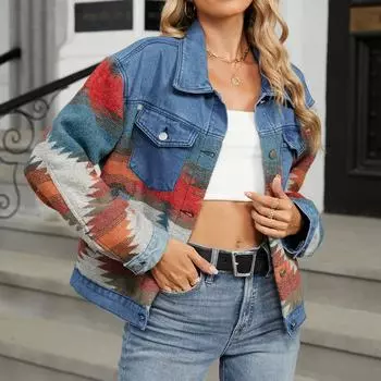 Женская модная повседневная джинсовая куртка в стиле колор-блок, укороченный топ L синий