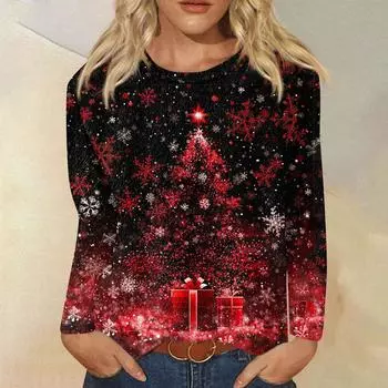 Женская модная повседневная фланелевая футболка с длинным рукавом и круглым вырезом с рождественским принтом L чёрный