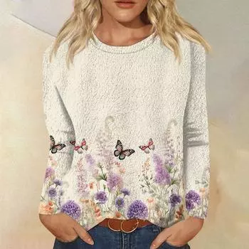 Женская модная повседневная фланелевая футболка с длинным рукавом и круглым вырезом с принтом L бежевый