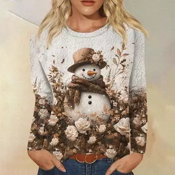 Женская модная повседневная фланелевая футболка с длинным рукавом и круглым вырезом с рождественским принтом L кофейный