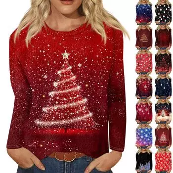 Женская модная повседневная фланелевая футболка с длинным рукавом и круглым вырезом с рождественским принтом L